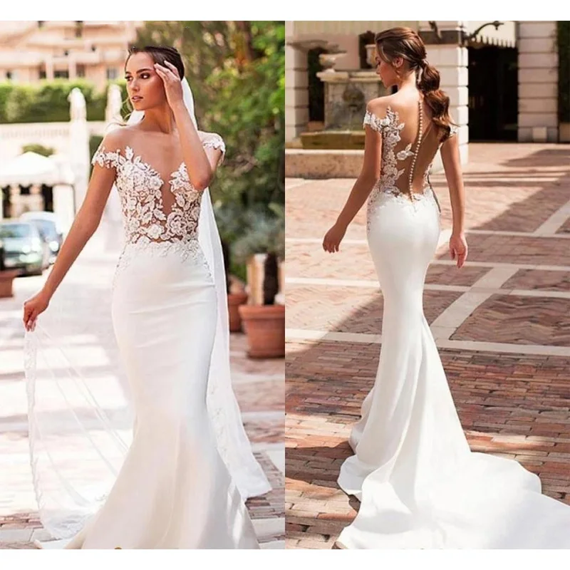 Boho Zeemeermin Trouwjurk 2023 Elegante Vestido De Novia Satijnen Cap Mouw Sexy Kanten Bruid Jurken Doorschijnende Knopen Achterkant Op Maat