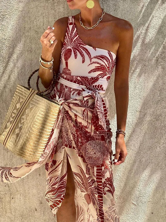 One Shoulder Floral Print Women\'s Swimwear Beach Exit Fashion 1 Piece Swimsuits and Cover-Up Beach Style Bathing Suits 2023