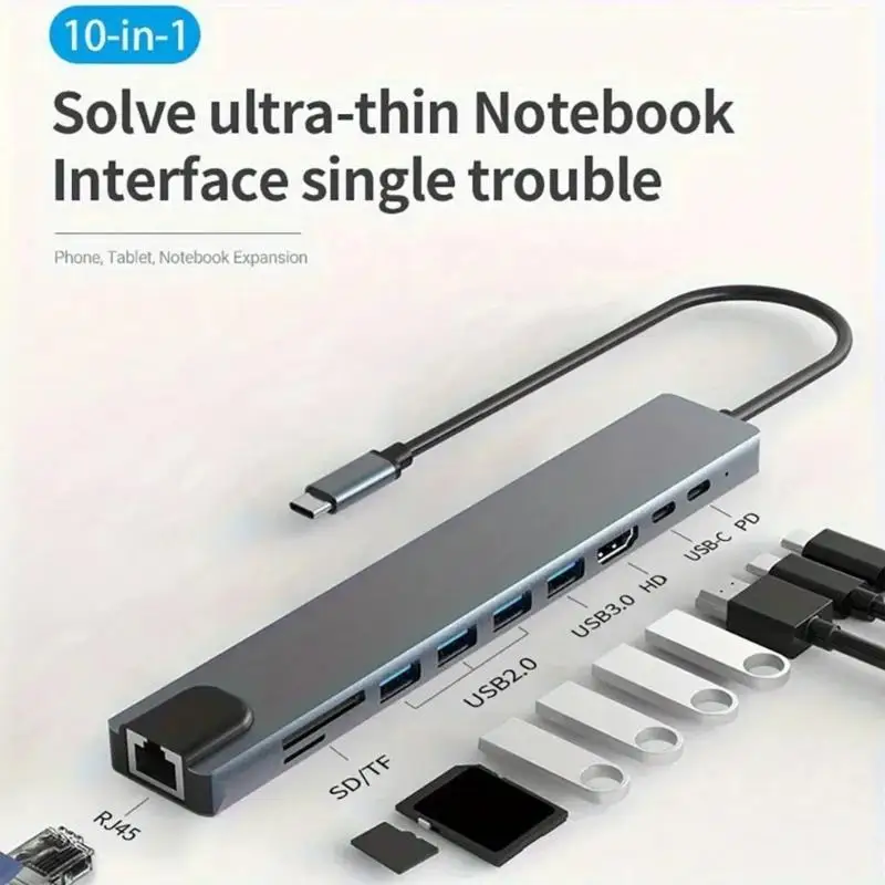 Universal 10 in 1 USB C Hub พร้อมการถ่ายโอนข้อมูลความเร็วสูง, การเชื่อมต่อ Ethernet, รองรับวิดีโอ 4K30Hz สำหรับแล็ปท็อปพีซี