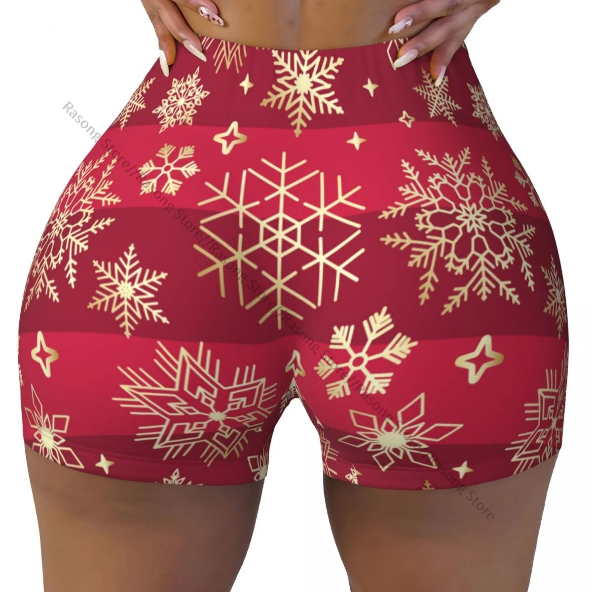 Women's Yoga Shorts Golden Christmas Snowflake Pattern Scrunch Booty Butt Lifting Comfort Fitness Gym