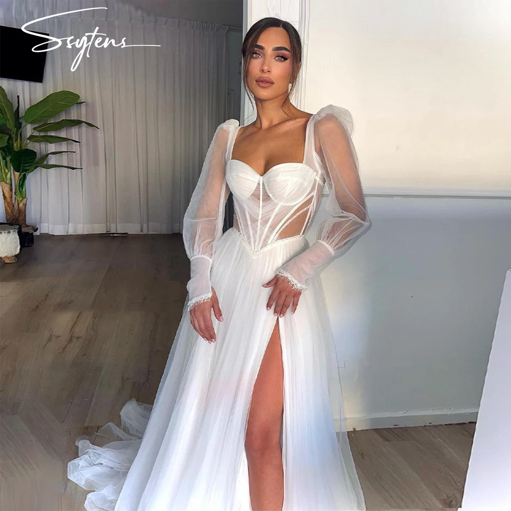 

White Tulle A Line Wedding Dresses Long Sleeve Sweethart Sexy Boho Bridal Gowns with Slit Israel Beach Bride Dress with Train