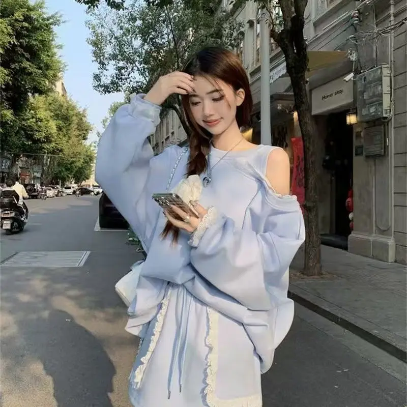 Blue Sweet  Fashionable Spring Set for Women Featuring Alarge-sized Lace Patchwork Off-the-shoulder Hoodie  Slimming Short Skirt