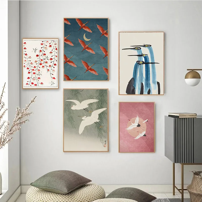 Red Crane Hokusai Eclectic Gallery Wall Art Prints Blue Heron Canvas Painting Nordic Posters Coastal Wall Pictures Home Decor