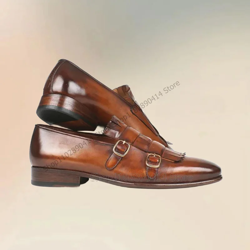 Brown Tassels Buckle Decor Double Monk Men Shoes Fashion Slip On Male Shoes Luxury Handmade Party Office Banquet Men Dress Shoes