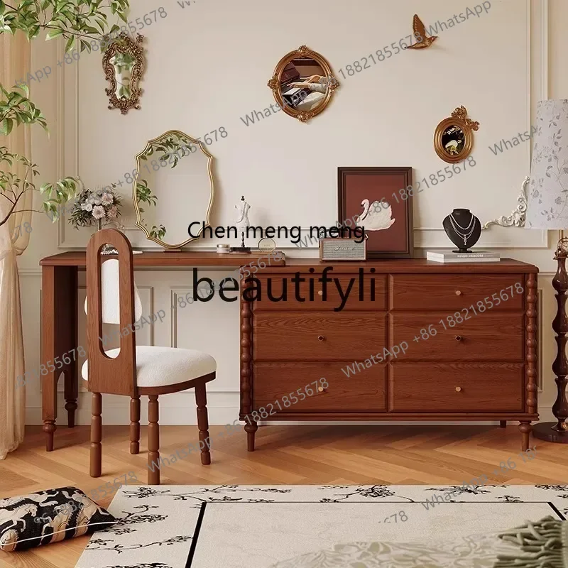 

D178 Retro solid wood dresser, living room storage cabinet integrated French chest retractable makeup table