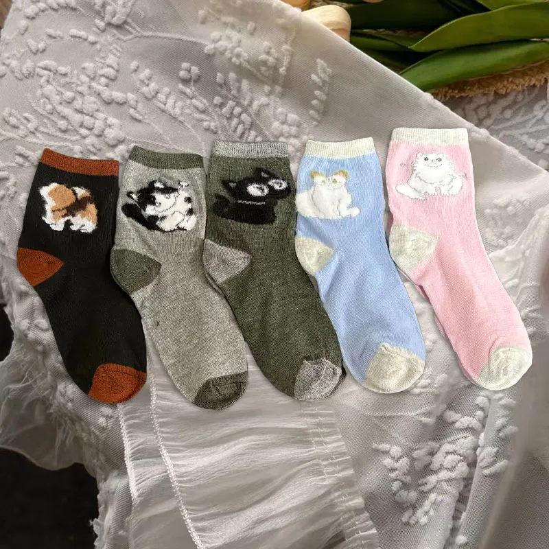 1/5 쌍 플러시 고양이 프린트 남성 여성 미드 튜브 양말 부드럽고 편안한 땀 흡수 통기성 캐주얼 커플 양말