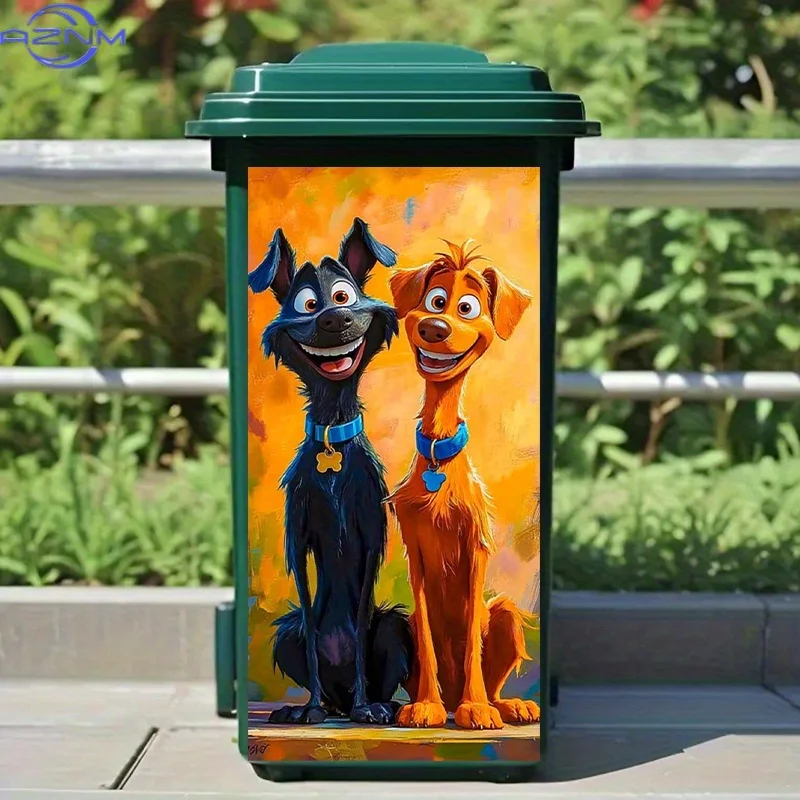 1pc 2D FLAT Black and Orange Dogs Self-Adhesive Dustbin Stickers, Non-Festive, PVC Trash Can Decorative Stickers, .01× cm, Sui