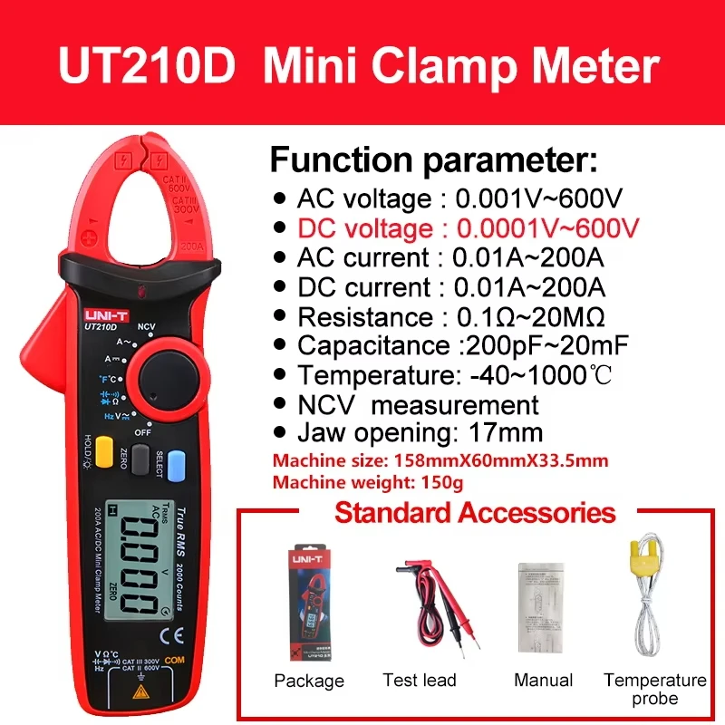 UNI-T UT210E UT210D التيار المتناوب تيار مستمر فك التيار متر 100A Amperimetric المشبك المتعدد مقياس التيار الكهربائي الرقمي كماشة أدوات كهربائي