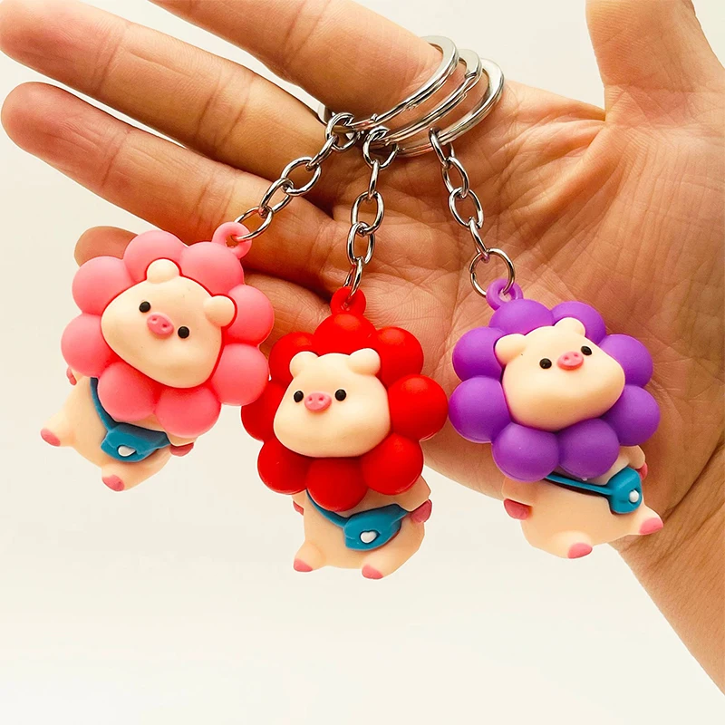 Cartoon Sunflower Pig Doll Metal Keychain Trinket Girl Boy Bag Pendant Car Key Ring Jewelry Lanyard Gift Keychain