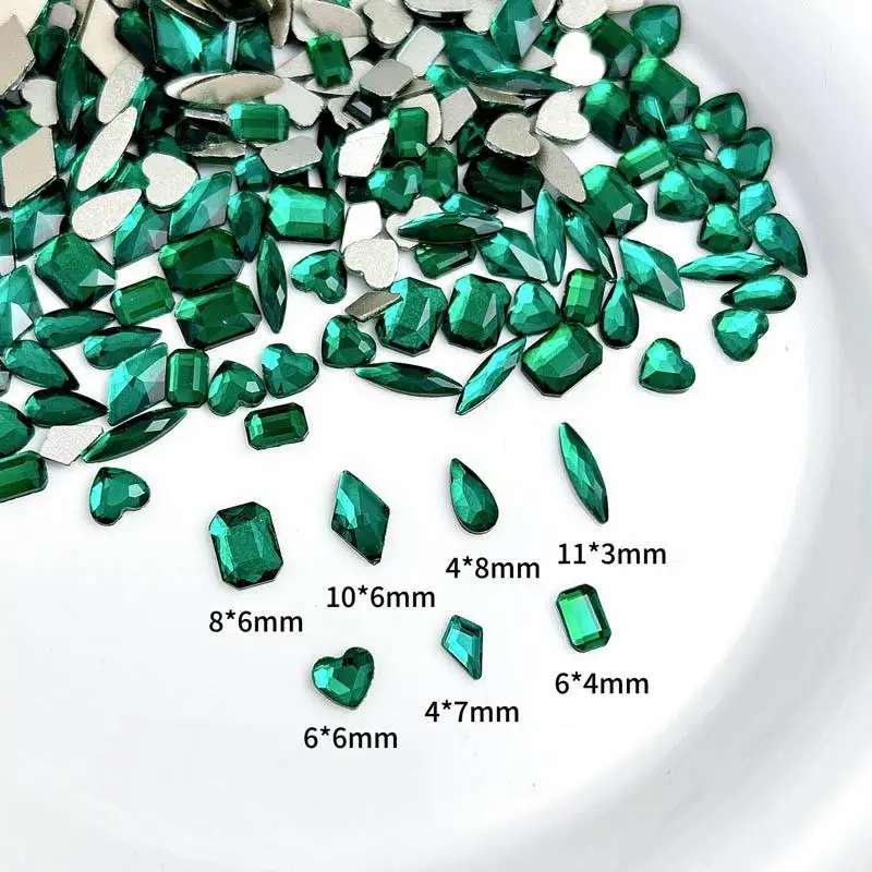 50PCS Mini Heart Square Nail Rhinestones Charms Multiple Shapes Dark Green Flatback Nail Crystal Decorations Handmade DIY Nails