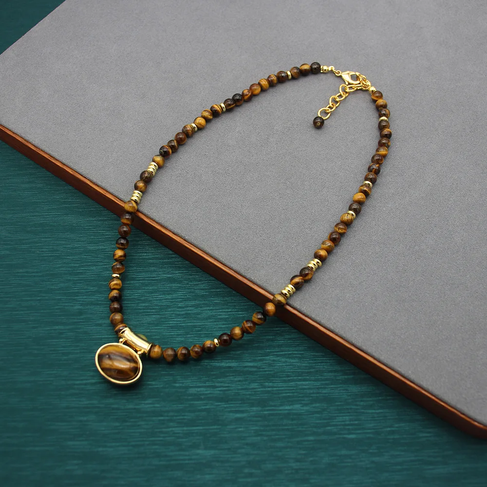 Niche Style Design Western Regions Jewelry Tiger Eye Stone Necklace Natural Stone Earrings Double-sided Clavicle Chain