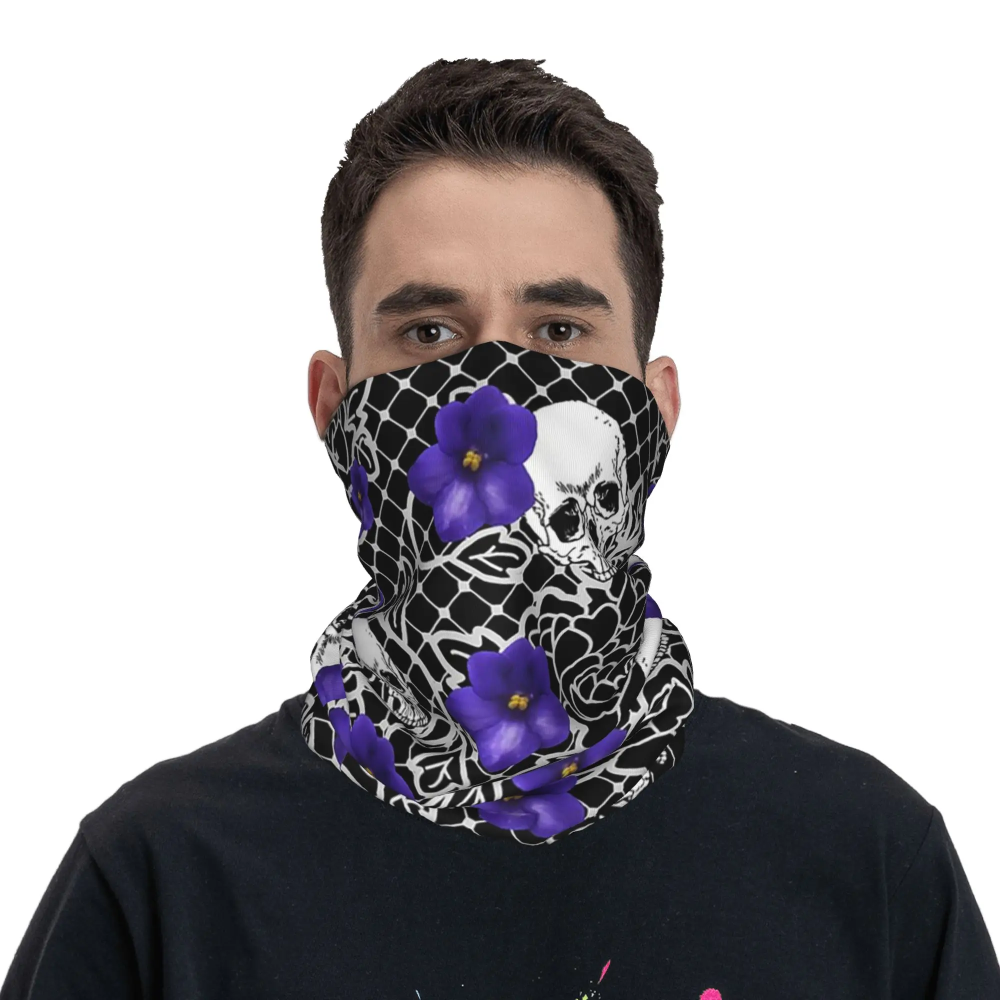 Lace with skull and violet flower Bandana Neck Gaiter Printed Wrap Mask Scarf Cycling Scarf Cycling Unisex Adult Windproof