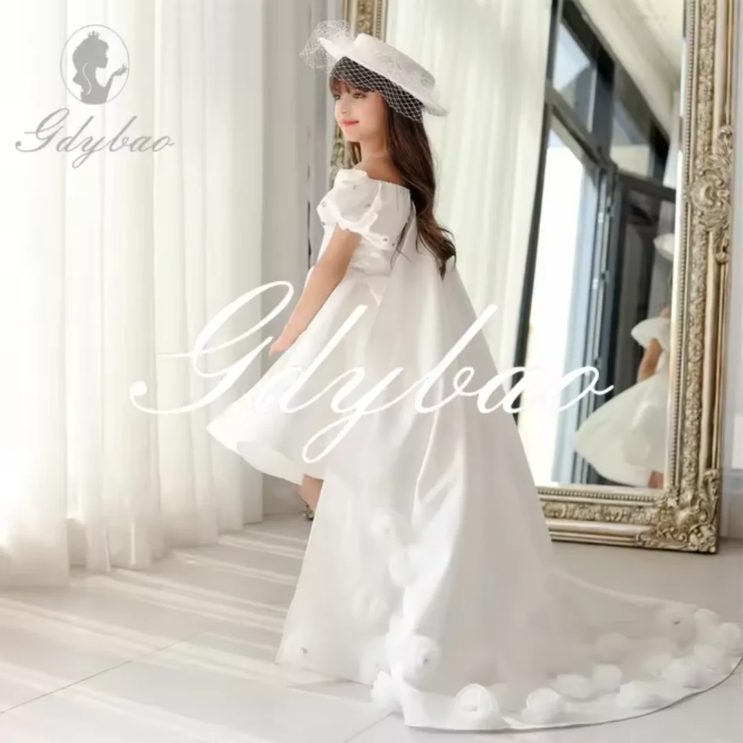 Floral Wedding Off-Shoulder Flower Girl Dress  Knee-Length with Train Custom Formal First Communion Dress