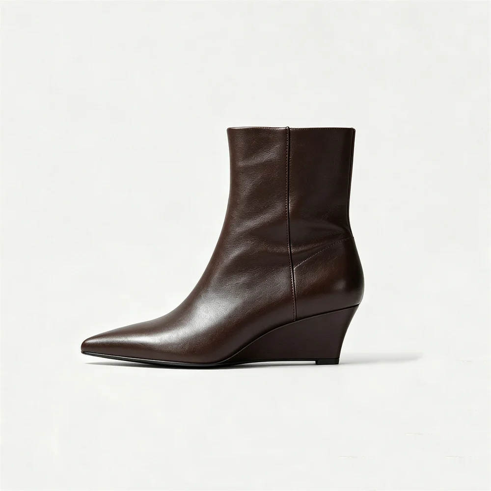 Women's Genuine Leather Pointed Toe Wedge Ankle Boots