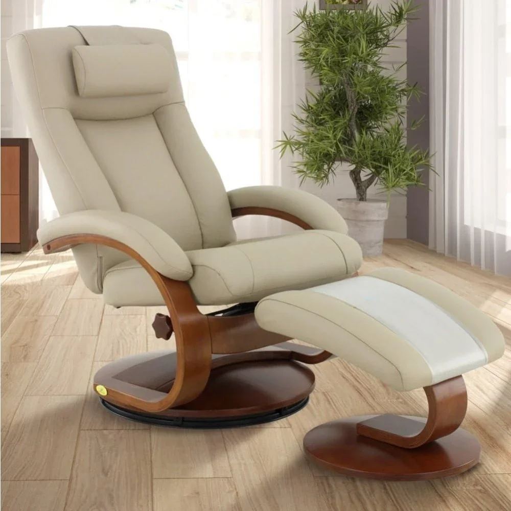 

Top Grain Leather Recliner And Ottoman, Memory Foam,One Size, Cobblestone Tan,Living Room Chaise Lounge