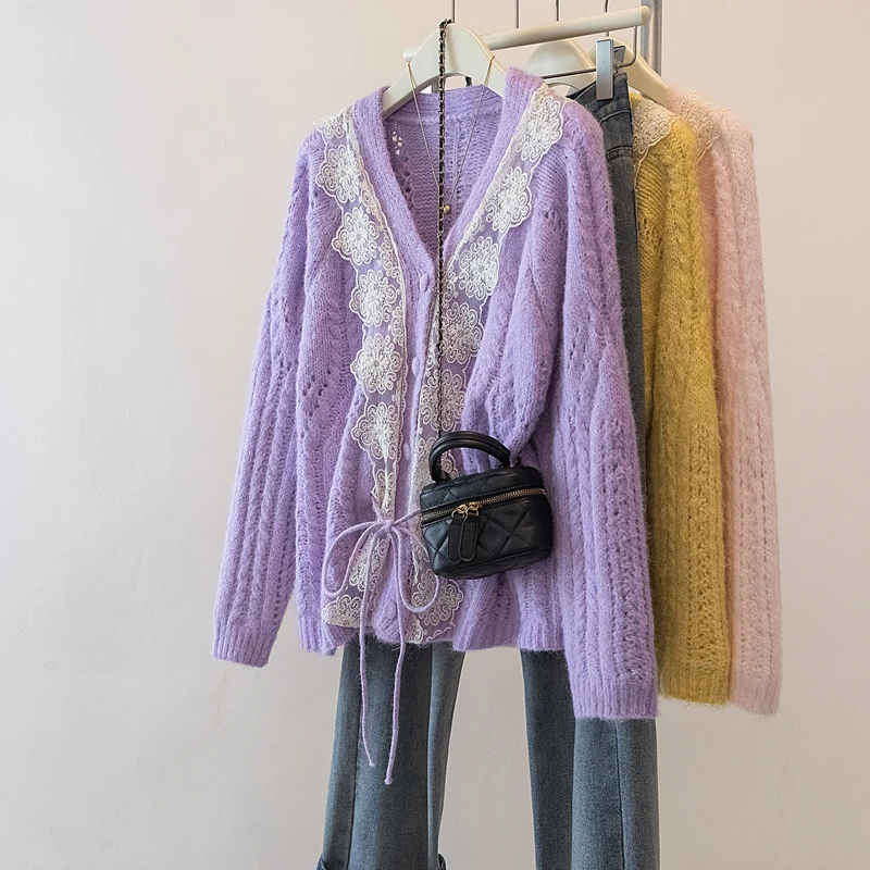 

Women long sleeve V-neck lace Knit loose Elegant Chic French sweater Plus Size Clothing women clothing