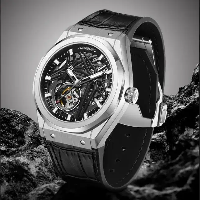 HANBORO Мужские автоматические часы 42 мм Механические наручные часы Водонепроницаемые светящиеся сапфировые часы 24 часа Дата Miyota 82S0 Полый циферблат