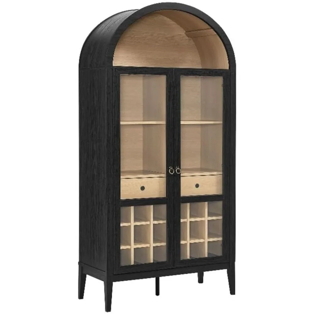 

Nolan Modern Farmhouse Arched Bar Cabinet in Black Wood Grain - 72 Inch Tall Wine Storage Cabinet with Glass Doors and Wine Rac