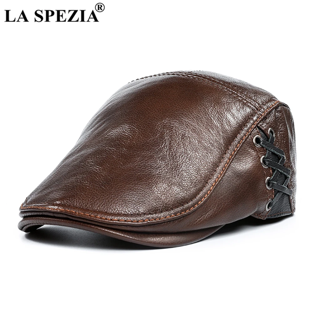 LA SPEZIA Flat Cap for Men Autumn Winter Real Leather Male Beret Patchwork High Quality Black Brown British Style Men\'s Ivy Cap