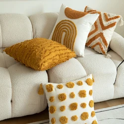 Golden Orange Tufted Cushion Cover 45*45cm Cotton Canvas Geometric Tufted Embroidered Pillow Case Decorative Cushions for Sofa