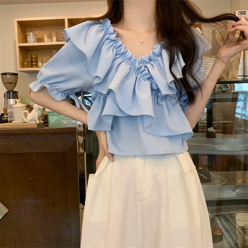 

Women's Sexy Shirt Summer Fashion Off Shoulder Retro Ruffle Edge Short Sleeve Korean Version Top Loose Solid Color Shirt 2023