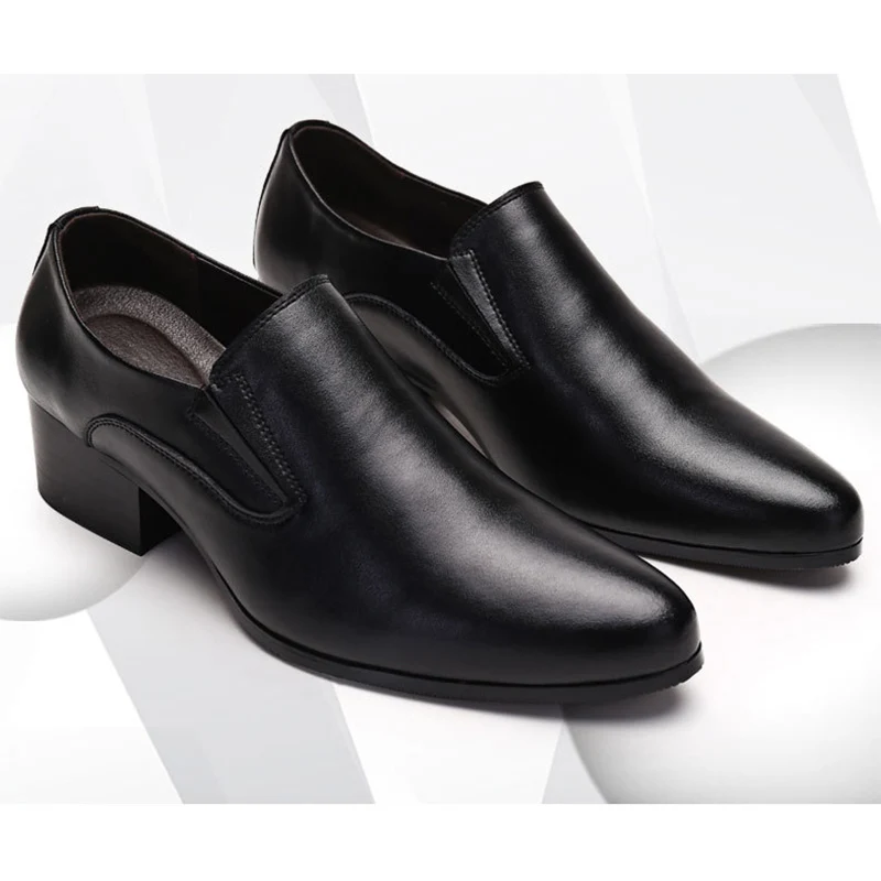 100% Genuine Leather Men Height Increasing Dress Shoes 6cm Fashion Business Brogues Brand Male Footwear Pure Black Monks D756