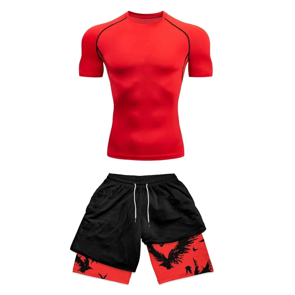 Conjunto de ropa deportiva de compresión para hombre, camisa de compresión de secado rápido, pantalones cortos de gimnasio, 2 piezas, para correr y