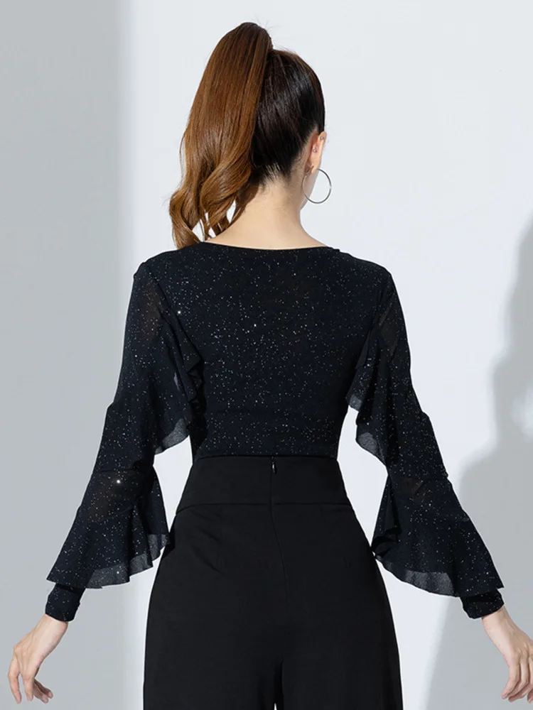 여성 라틴 댄스 탑 메쉬 프릴 긴 소매 장착 블라우스 살사 바차타 공연 의상 무대 경쟁 착용