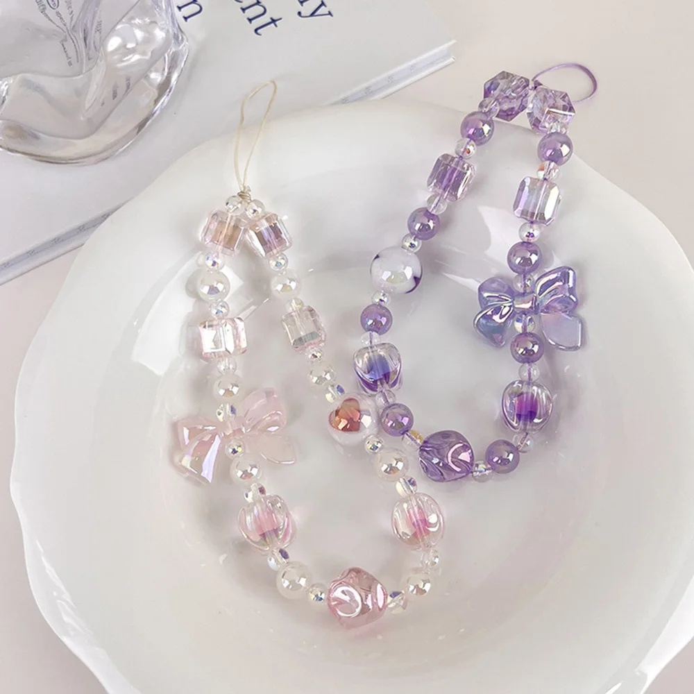 Sweet Cute Candy Bow Beaded Mobile Phone Chain Charm Women Bagbag Cell Phone Case Anti-loss Lanyard Jewelry