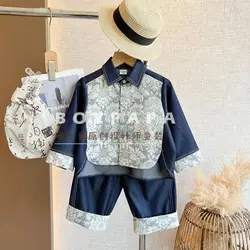 Autumn Spring Childents Thick Warm Boys Blue Handsome Foral TShirt +Loose Pant 2Pcs Cotton Casual Streetwear Soft Gentlema Suits