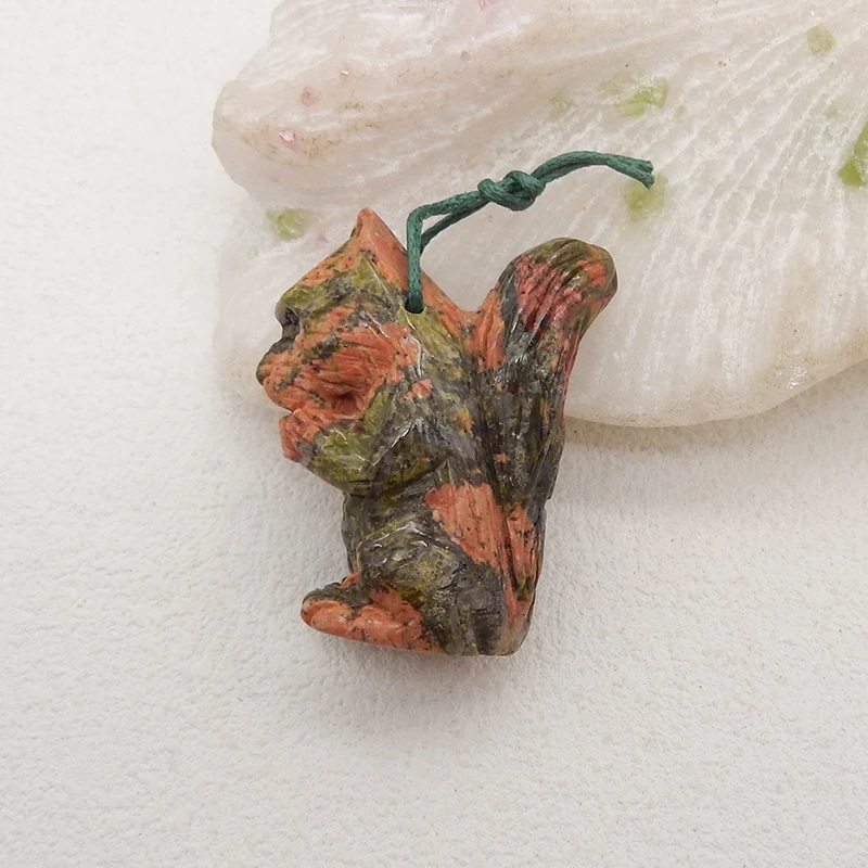 Natural Unakite Jasper Squirrel Carved Pendant for Necklace, Animal Pendant,  Loose Gemstones for Jewelry Making