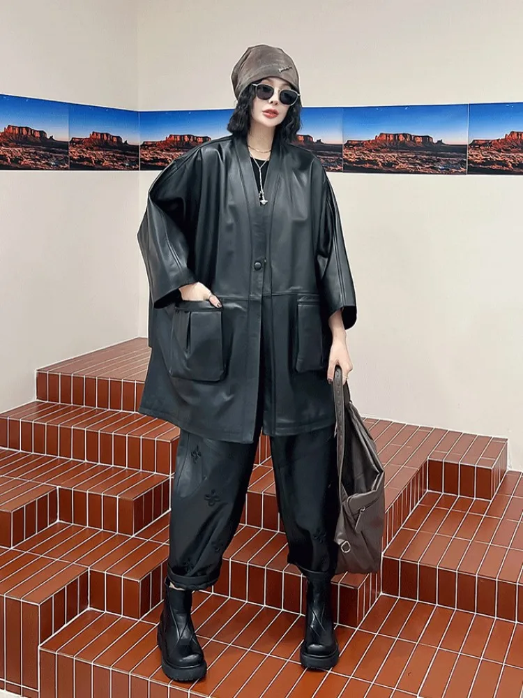 Nuova giacca da donna in vera pelle Harajuku con scollo a V vestibilità ampia con bottone singolo streetwear cappotto di pelle di pecora medio lungo casual oversize