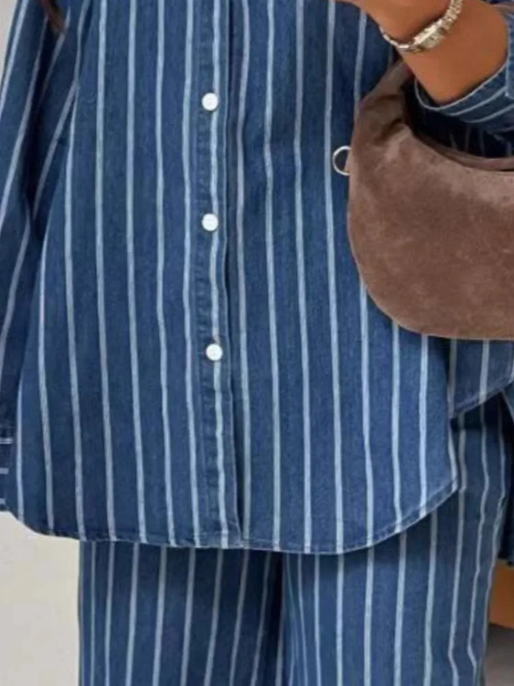 Casual Stripe Pants Sets Women 2026 Spring New Loose Long Sleeve Shirt Trousers Two Piece Set Streetwear Lady Commuting Suits