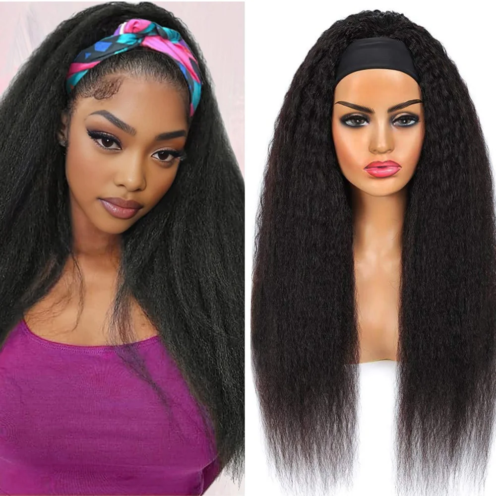 100% Human Hair Kinky Straight Headband Wig Human Hair Beginner Friendly No Lace No Glue Wigs For Women 16A Brazilian Hair 180%