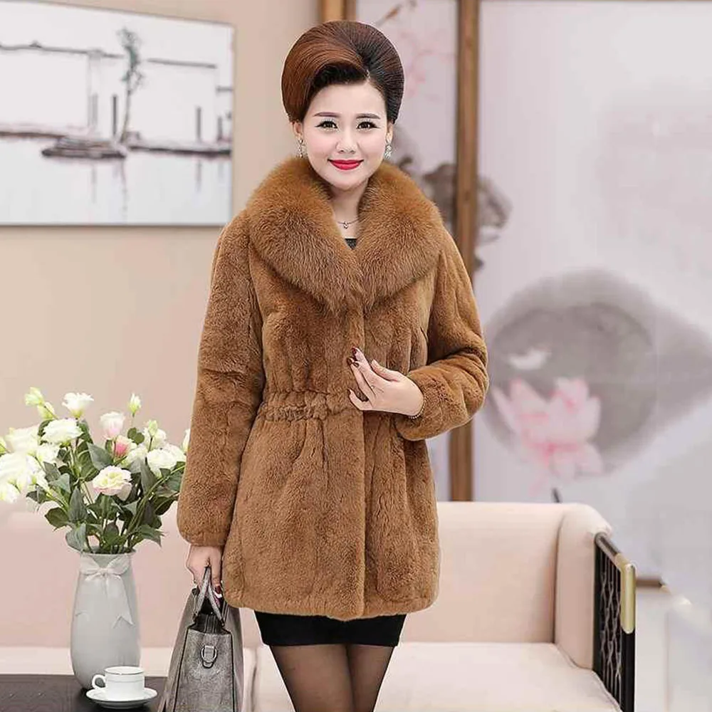 New Autumn And Winter Faux Fur Coat Female Fashion Long Rex Rabbit Fur Mink Faux Fox Fur Collar Loose Warm Temperament Coat Tide