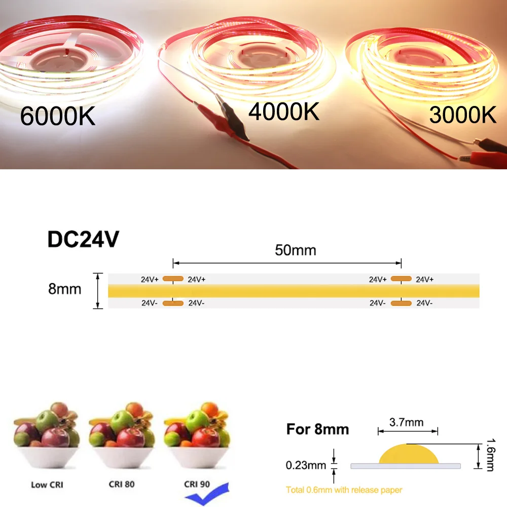 CRI 90+ 8mm Super Thin COB Strip 320LEDs/m Soft Flexible 24V LED Light Bar Warm Cold White for Decor Lighting 3000K 4000K 6000K