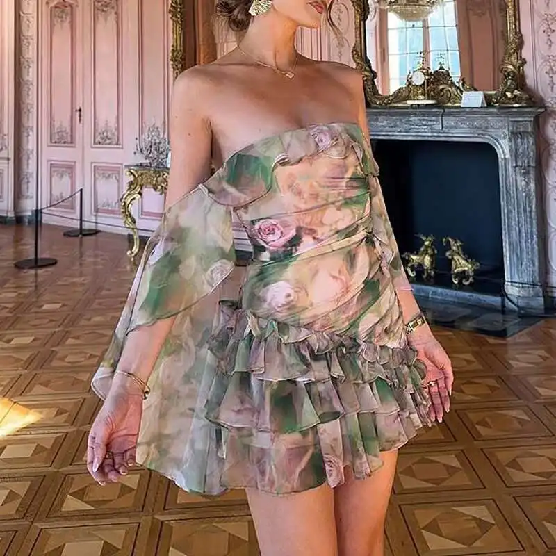 Chiffon High Waist Short Dresses Strapless Ruffle Slim Fit Cake Women's Party Sexy Hollow Out Shoulder Pleated Mini Dress