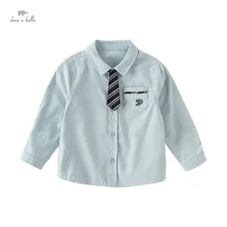 Dave Bella Autumn Children's Long Sleeved Cotton Shirt Blue  Boys School Students Shirt Children Kid Clothes DB3242019