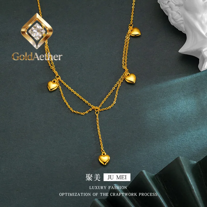 

GoldAether Luxury 24K 9999 Pure Gold real gold Lace Five Peach Heart Chain Light Luxury Hollow Tassel Clavicle Chain