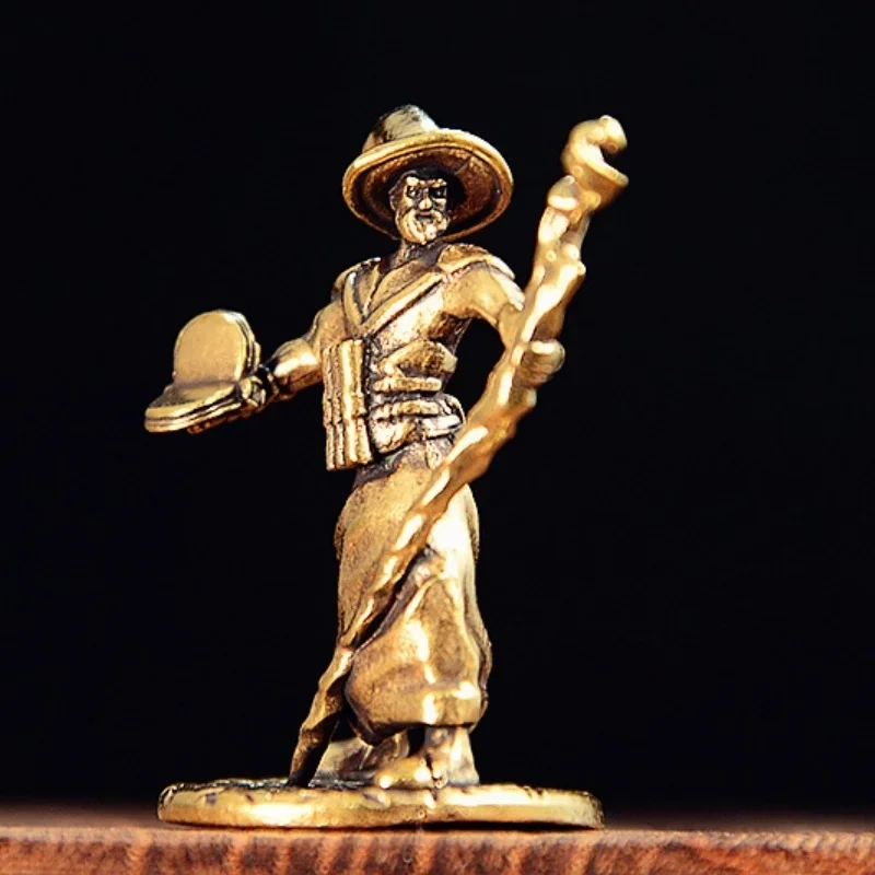 Mystic Sorcerer Brass Miniature Statue Hand-Patinated Figure with Twisted Staff Wax Cast 4.3cm Fantasy Decor for Collectors