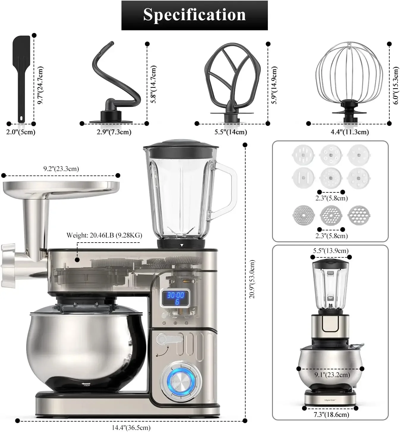 

Multi-Function Stand Mixer with LCD Display, Kitchen Mixer, 6.5QT Stainless Steel Bowl 1200W, 6 in 1