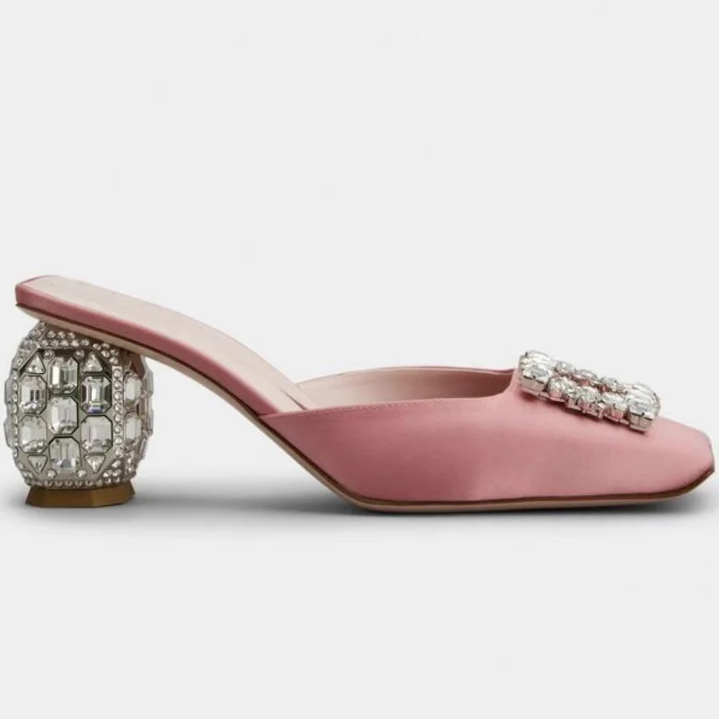 New Rhinestone  High Heels Women Slip-On Pumps Women Square Toe Party Crystal Dress Shoes Femmes Chaussures Zapatos De Mujer