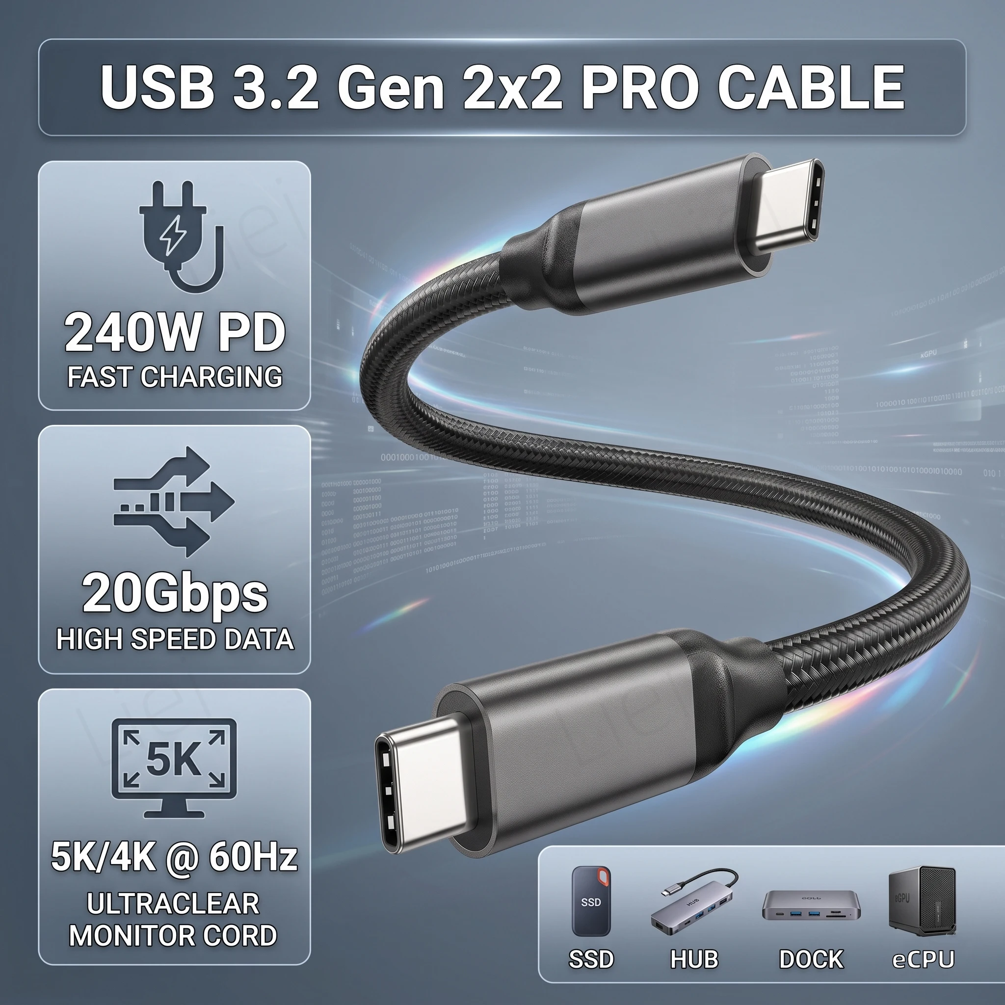 USB C 3.2 Gen 2x2 Cable 20Gbps Data Transfer 4K@144Hz Monitor Cord 240W PD Fast Charging Type C 3.1 Cable for SSD Hub Dock EGPU