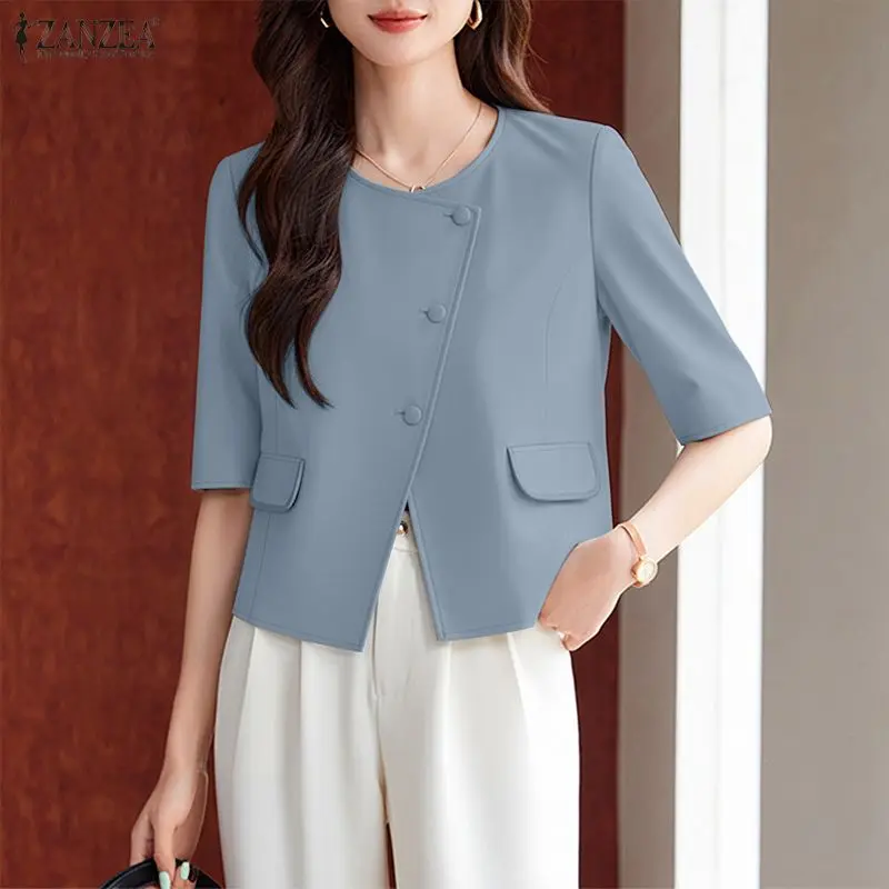 

Stylish Women Short Sleeve O Neck Blouse 2026 ZANZEA Summer Office Shirt Female Elegant OL Work Tops Casual Solid Buttons Blusas