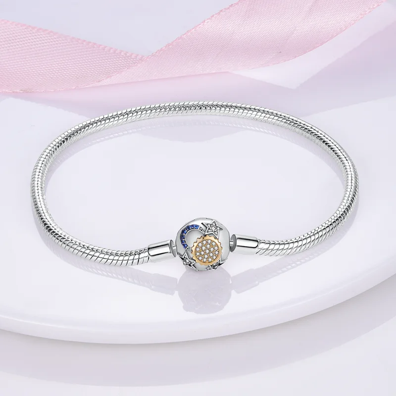 Armband Silber 925, Original 17–20 cm, Stern, Mond, Sonne, vierblättriges Kleeblatt, grüner Zirkon, Armbänder, passend für DIY-Charms, Geburtstag, Schmuck, Geschenke