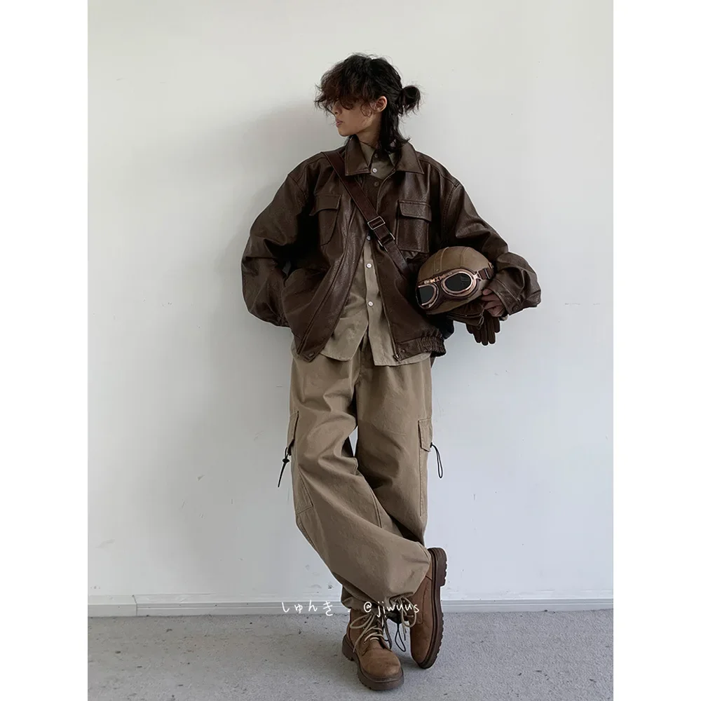 Herfst Winter Vintage Oversized Koel Bruin Zwart Zacht Pu Leren Jas Mannen Zakken Losse Casual Unisex Kleding 2024