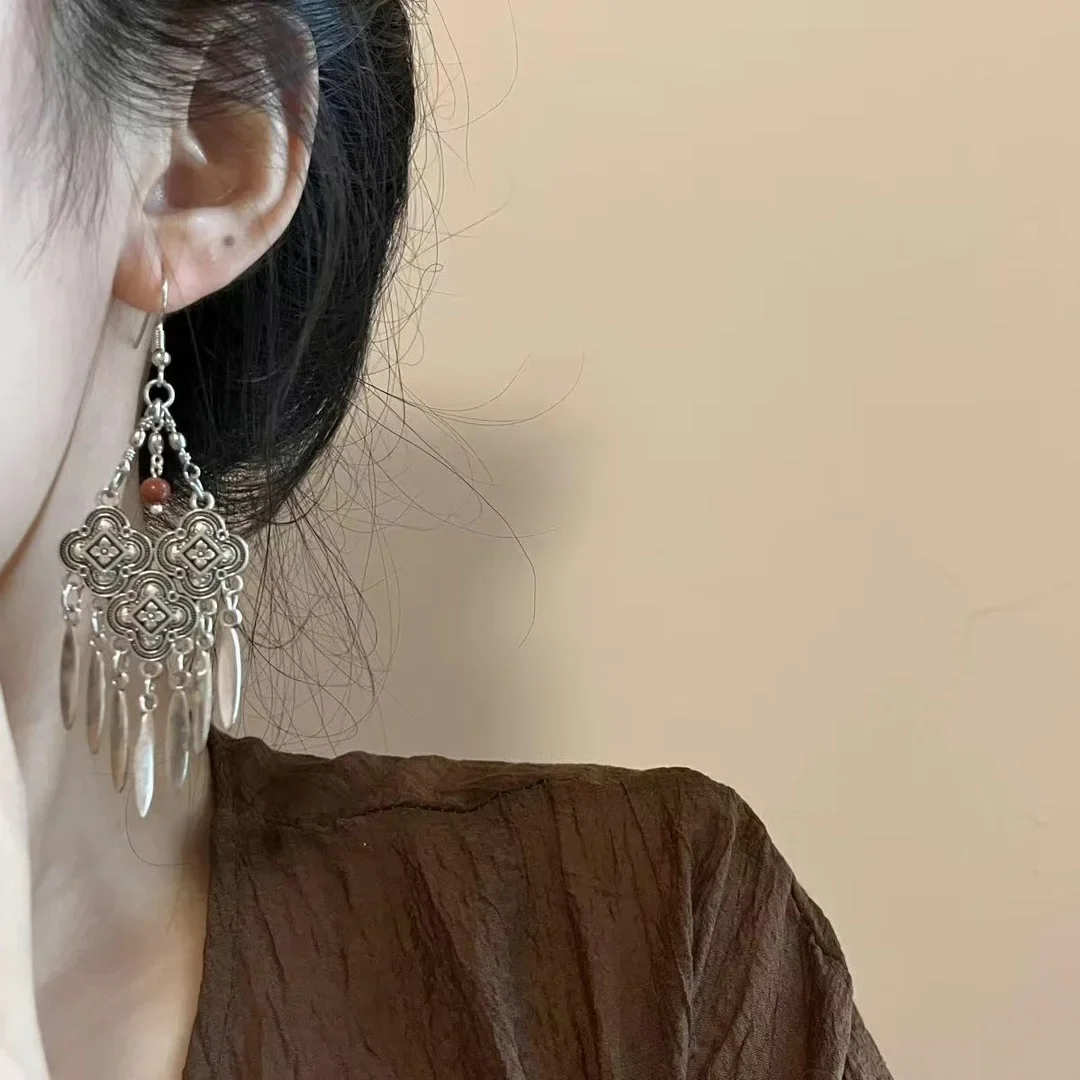 925 Silver Needle Ethnic Tibetan Silver Earrings Tassel Long Earrings Exaggerated Earrings Holiday Gifts