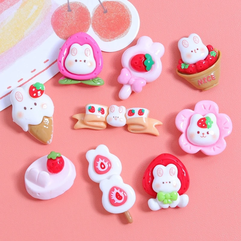 10 Pcs New Cute Cartoon Animals Fruit Strawberry Little Rabbit Resin Scrapbook Diy Jewelry Children Gift Hairpin Accessories B71