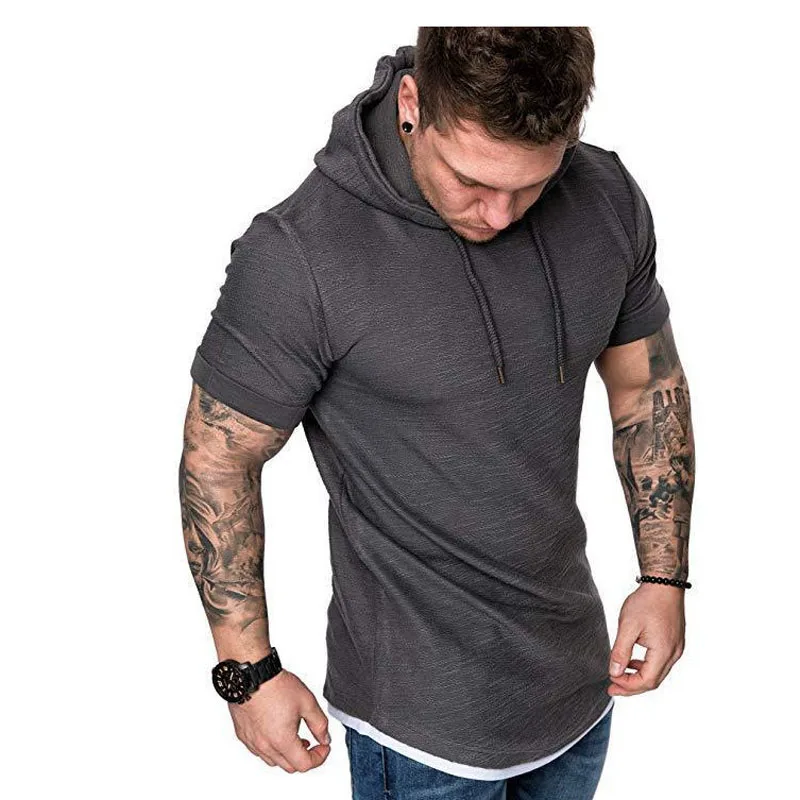 2024 New Men\'s Fashion Hooded Solid Color Short-Sleeved T-shirt Summer Casual Sports T Shirt Hoodies Clothing for Men MY073