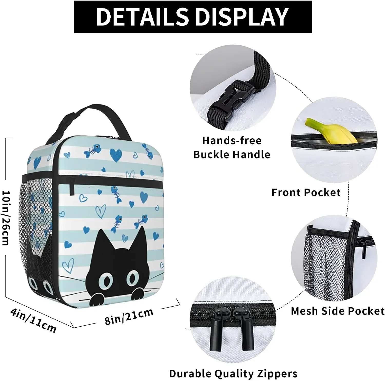 Zwarte Kat Lunchbox Visgraat Herbruikbare Geïsoleerde Lunch Tas Thermisch Koeler Draagtas Voor Kinderen Jongens Meisjes Tiener School Picknick Reizen